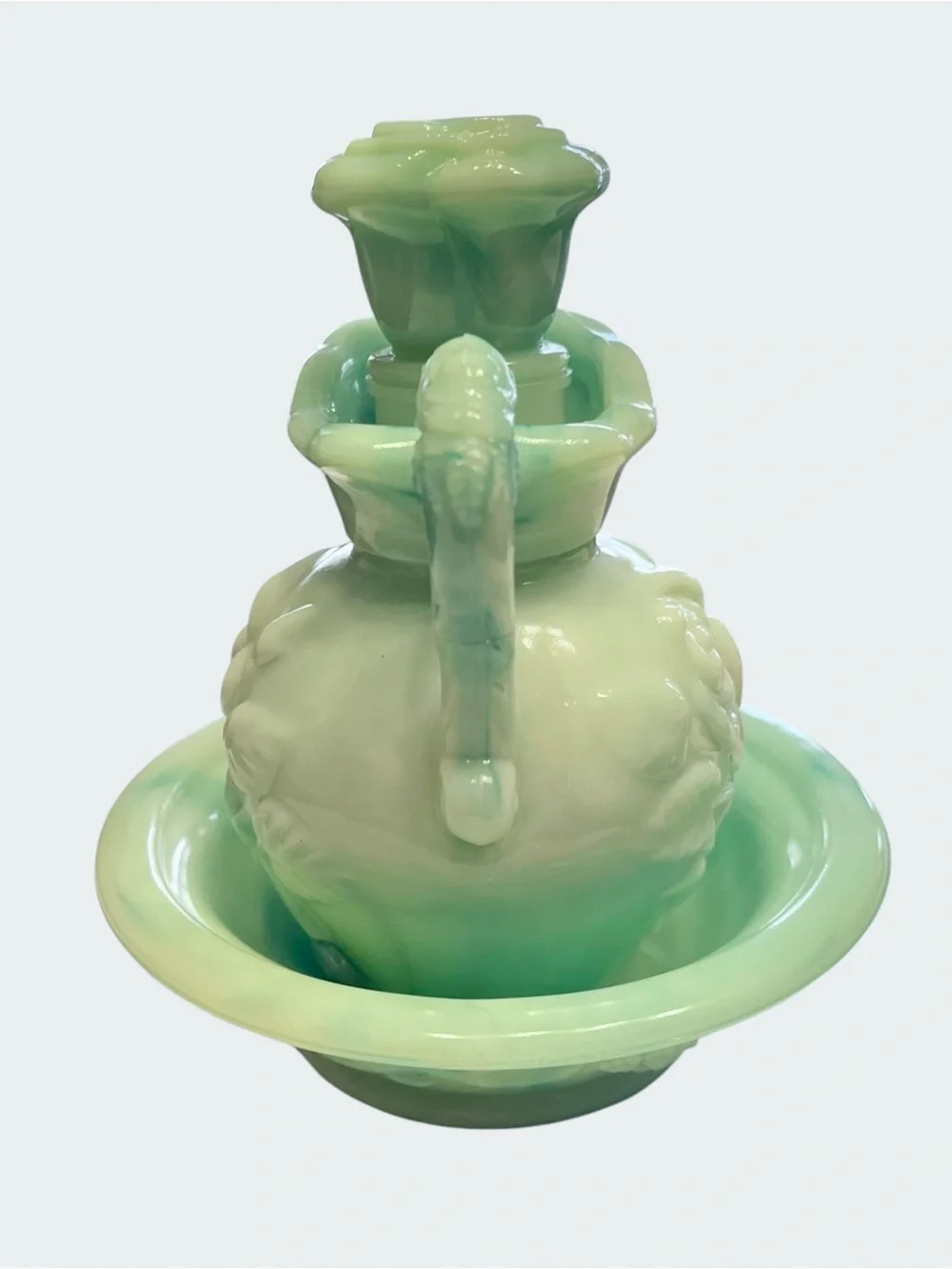 VINTAGE 1986 AVON Victorian Blue Green Milk Glass Rose Pitcher Basin Set - Picture 2 of 7